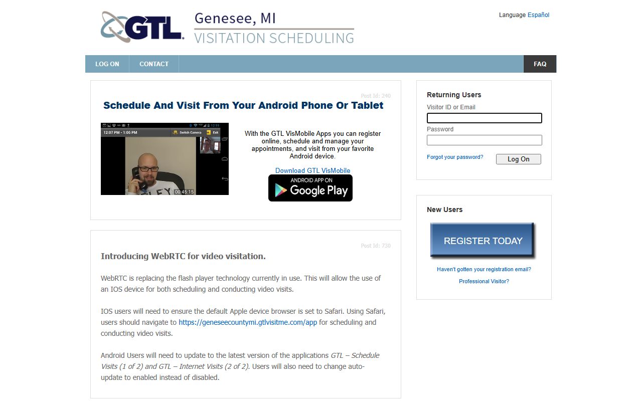Genesee County Jail inmate visitation scheduling portal for jail visits